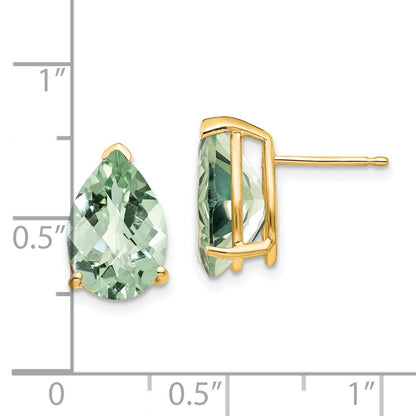 14k Yellow Gold 12x8 Pear Checker-Cut Green Quartz Earrings