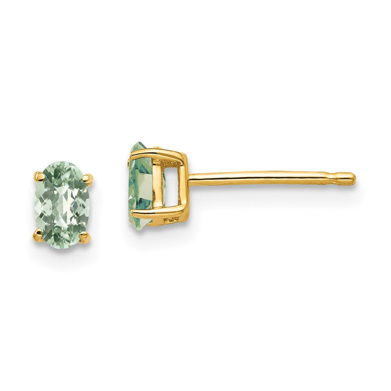14k Yellow Gold 5x3 Oval Checker-Cut Green Quartz Earrings