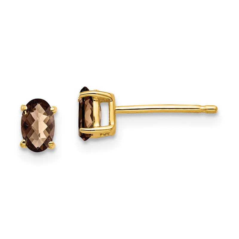 14k Yellow Gold 5x3 Oval Checker-Cut Smok Yellow Gold Quartz Earrings