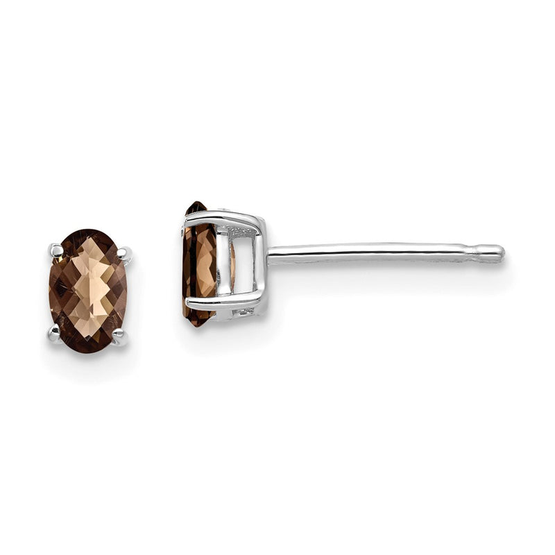14k White Gold 5x3 Oval Checker-Cut Smok Yellow Gold Quartz Earrings