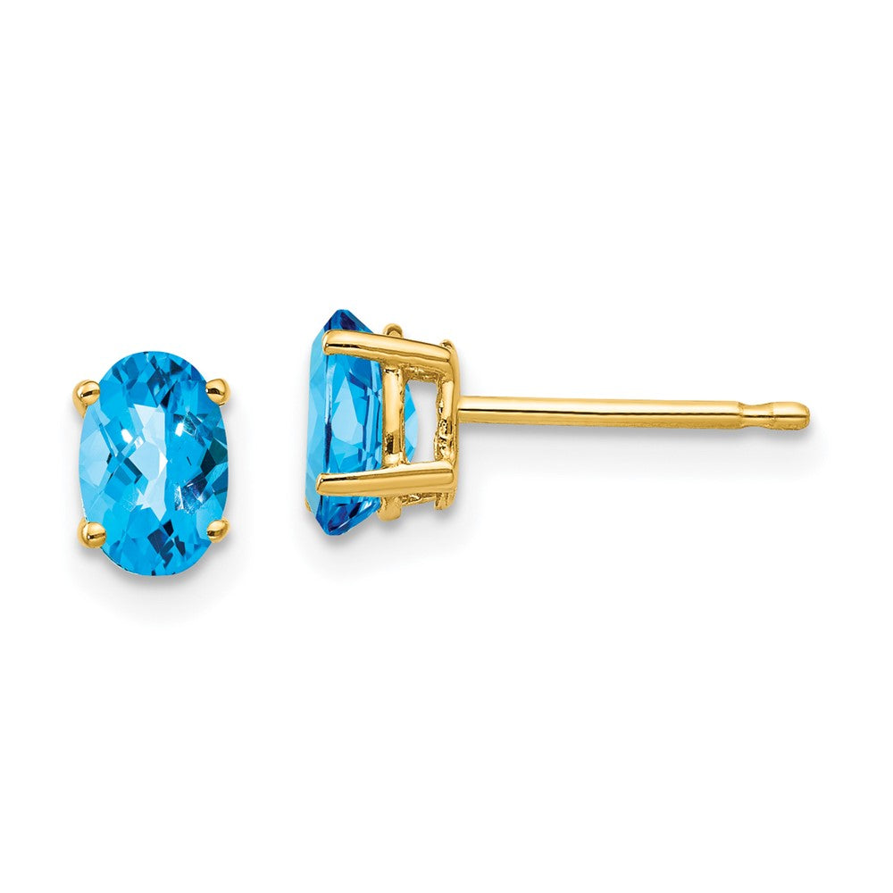 14k Yellow Gold 6x4mm Oval Blue Topaz Checker Earrings