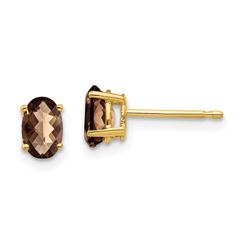14k Yellow Gold 6x4 Oval Checker-Cut Smok Yellow Gold Quartz Earrings