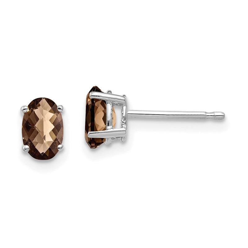 14k White Gold 6x4 Oval Checker-Cut Smok Yellow Gold Quartz Earrings