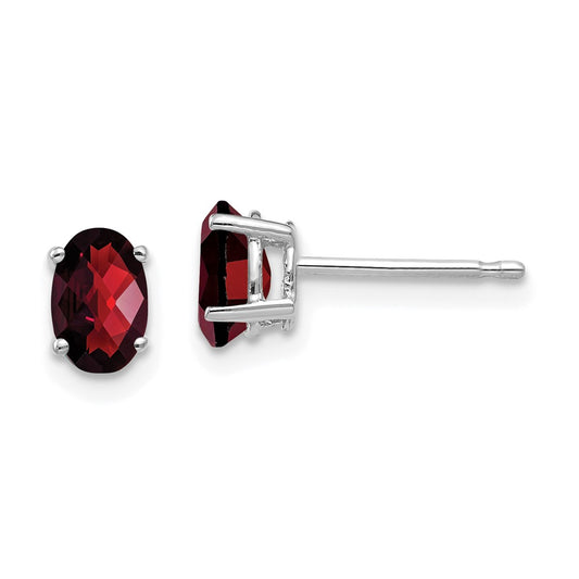 14k White Gold 6x4mm Oval Garnet Checker Earrings