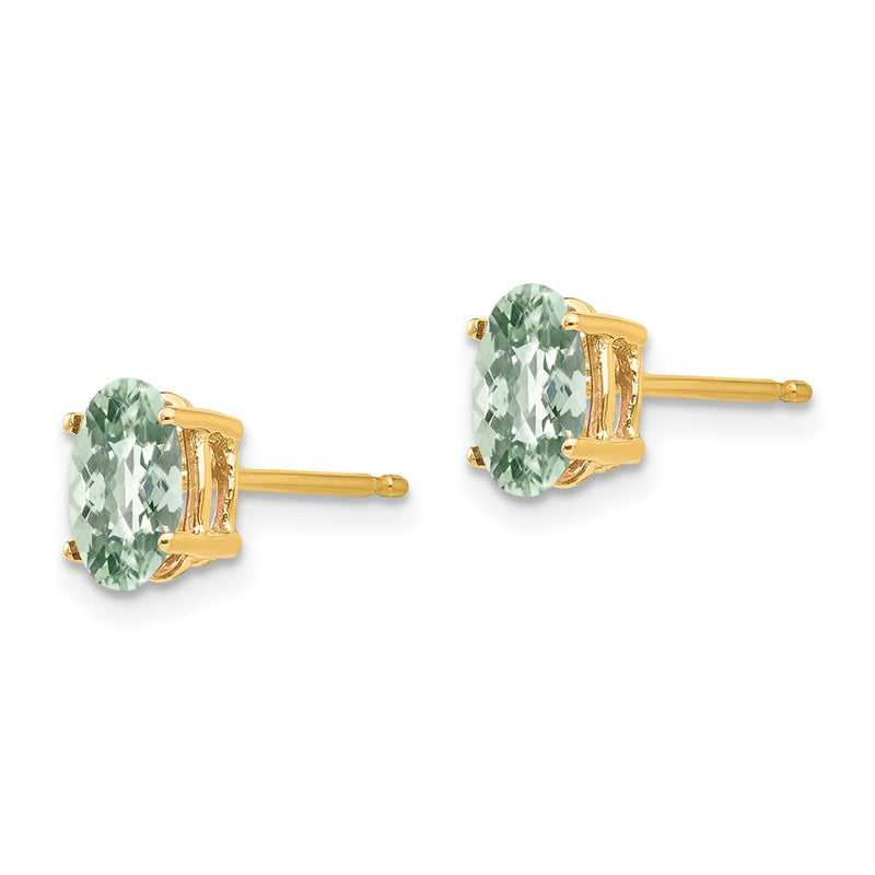 14k Yellow Gold 7x5 Oval Checker-Cut Green Quartz Earrings