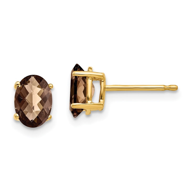 14k Yellow Gold 7x5 Oval Checker-Cut Smok Yellow Gold Quartz Earrings
