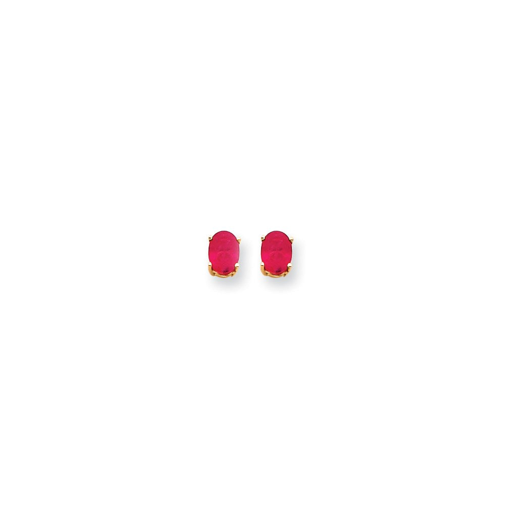 14k Yellow Gold 7x5mm Oval Created Ruby Earrings
