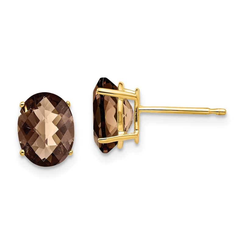 14k Yellow Gold 8x6 Oval Checker-Cut Smok Yellow Gold Quartz Earrings