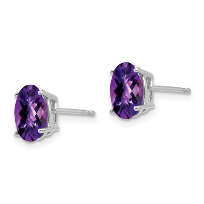 14k White Gold 8x6mm Oval Amethyst Checker Earrings