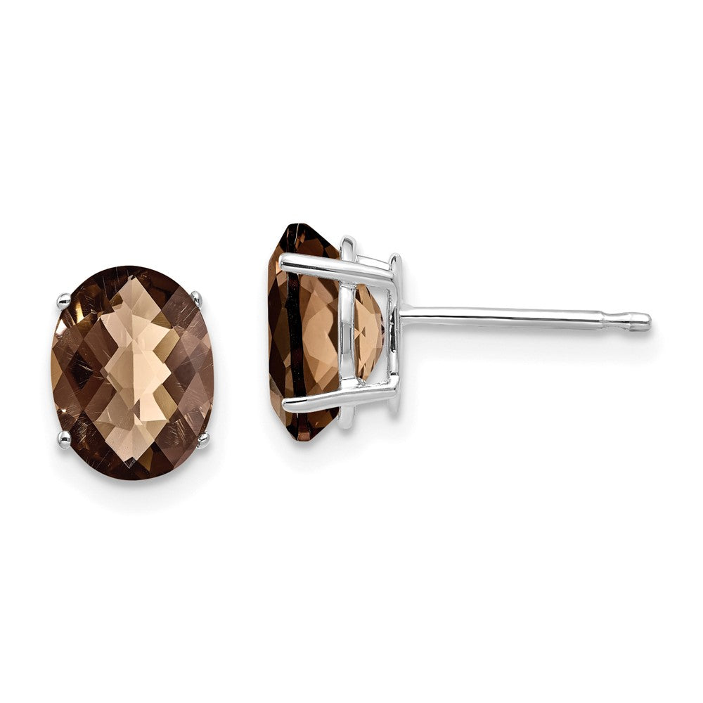14k White Gold 8x6 Oval Checker-Cut Smok Yellow Gold Quartz Earrings