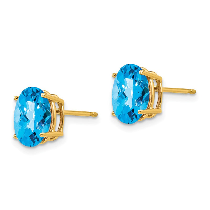 14k Yellow Gold 9x7mm Oval Blue Topaz Checker Earrings