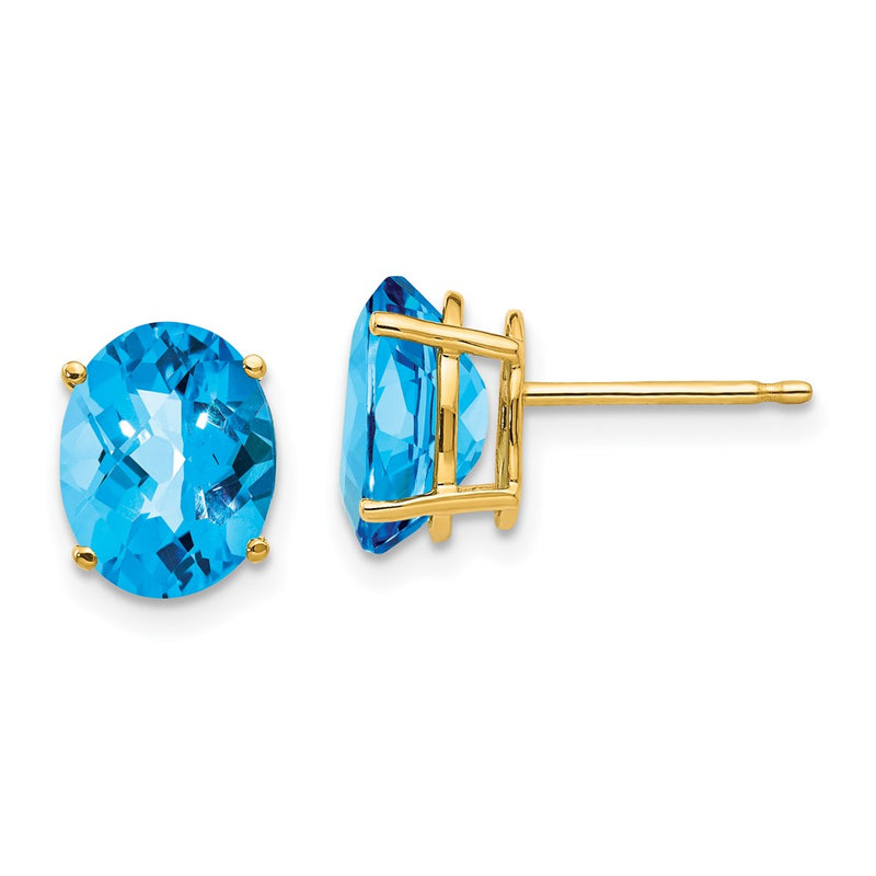 14k Yellow Gold 9x7mm Oval Blue Topaz Checker Earrings