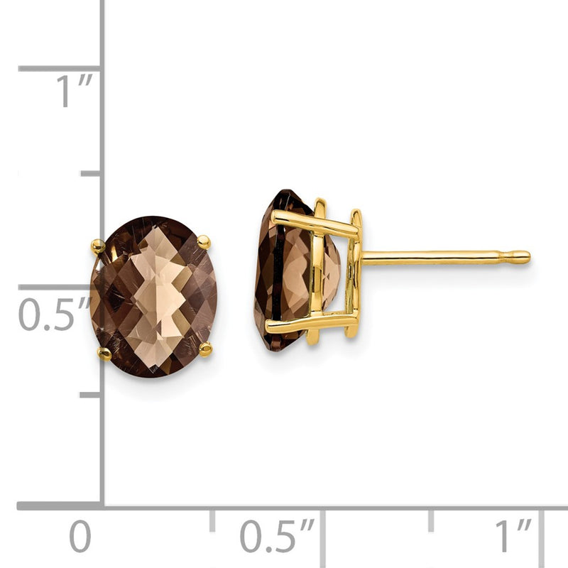 14k Yellow Gold 9x7 Oval Checker-Cut Smok Yellow Gold Quartz Earrings