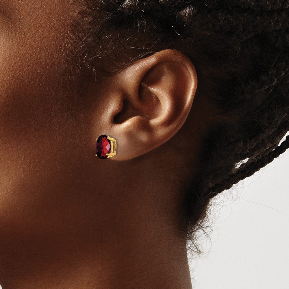 14k Yellow Gold 9x7mm Oval Garnet Checker Earrings