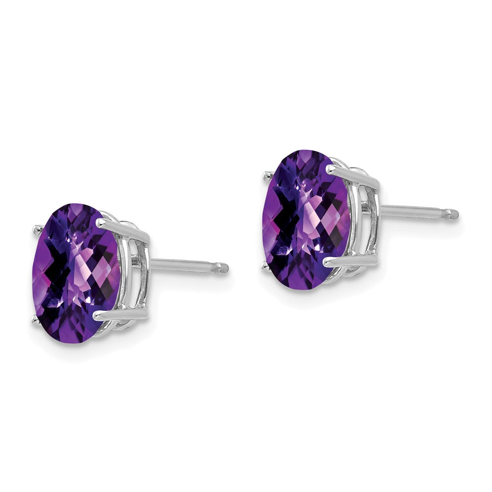 14k White Gold 9x7mm Oval Amethyst Checker Earrings