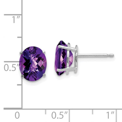 14k White Gold 9x7mm Oval Amethyst Checker Earrings