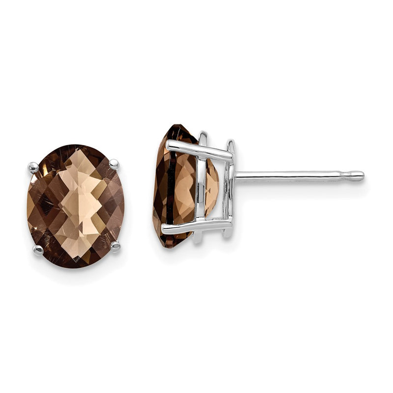 14k White Gold 9x7 Oval Checker-Cut Smok Yellow Gold Quartz Earrings