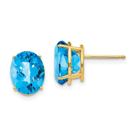 14k Yellow Gold 10x8mm Oval Blue Topaz Checker Earrings