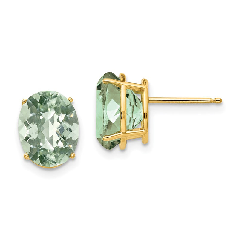 14k Yellow Gold 10x8 Oval Checker-Cut Green Quartz Earrings