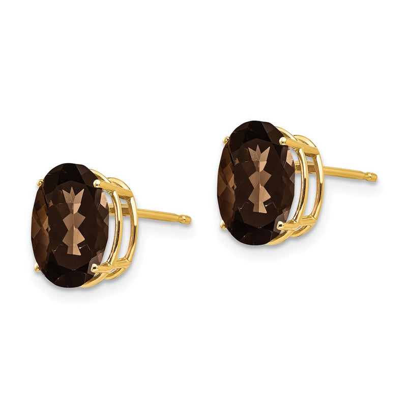 14k Yellow Gold 10x8 Oval Checker-Cut Smok Yellow Gold Quartz Earrings