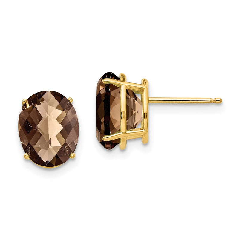 14k Yellow Gold 10x8 Oval Checker-Cut Smok Yellow Gold Quartz Earrings
