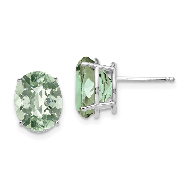 14k White Gold 10x8 Oval Checker-Cut Green Quartz Earrings