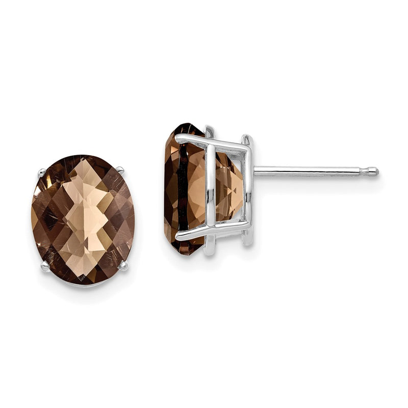 14k White Gold 10x8 Oval Checker-Cut Smok Yellow Gold Quartz Earrings