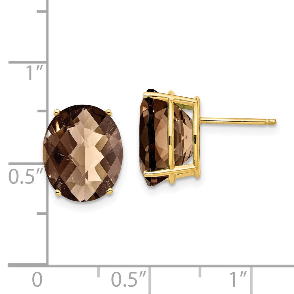 14k Yellow Gold 12x10 Oval Checker-Cut Smok Yellow Gold Quartz Earrings