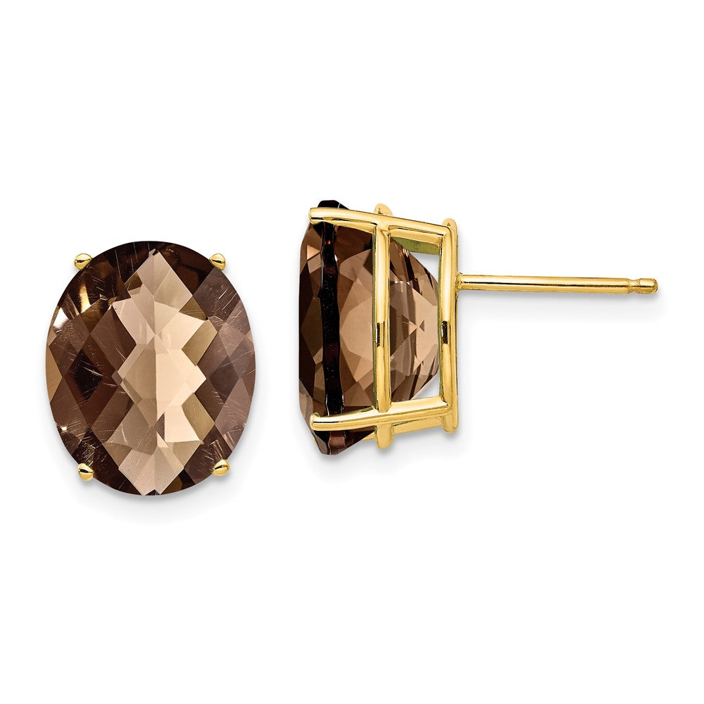 14k Yellow Gold 12x10 Oval Checker-Cut Smok Yellow Gold Quartz Earrings