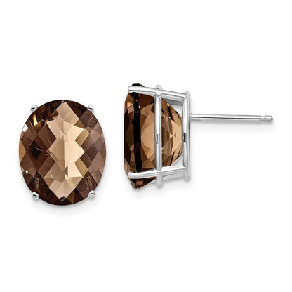 14k White Gold 12x10 Oval Checker-Cut Smok Yellow Gold Quartz Earrings