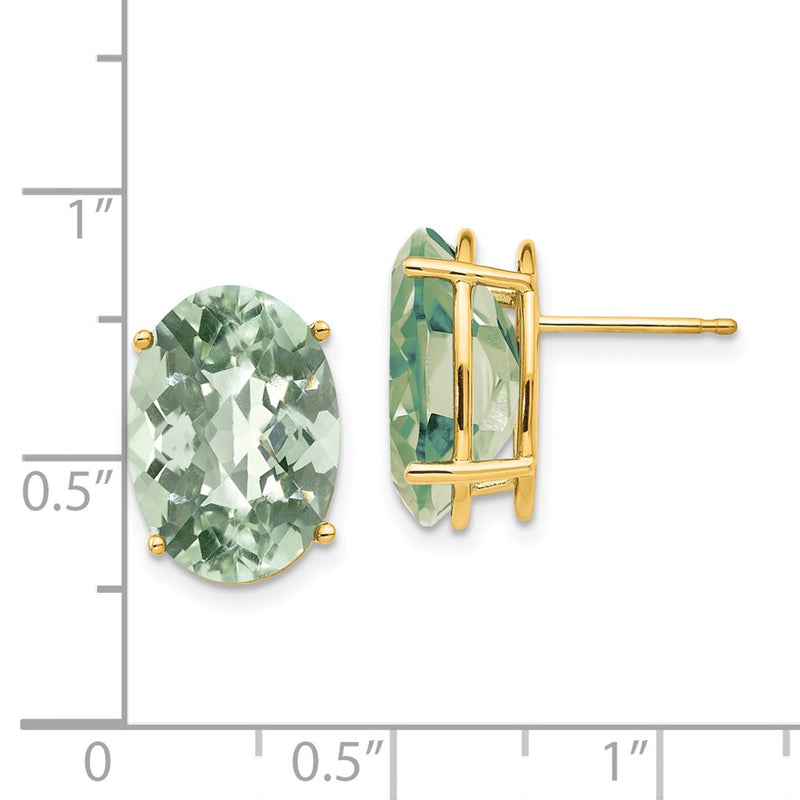 14k Yellow Gold 14x10 Oval Checker-Cut Green Quartz Earrings