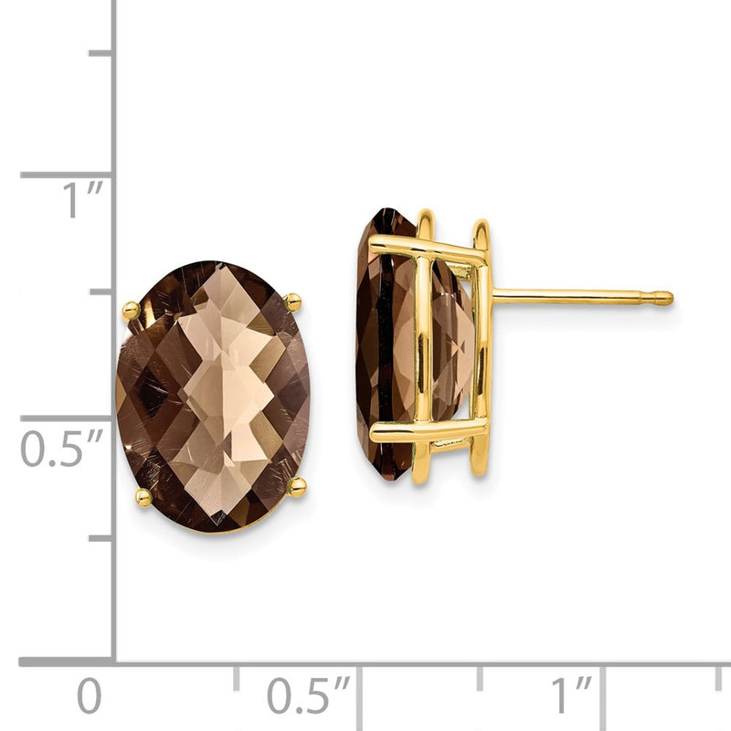 14k Yellow Gold 14x10 Oval Checker-Cut Smok Yellow Gold Quartz Earrings
