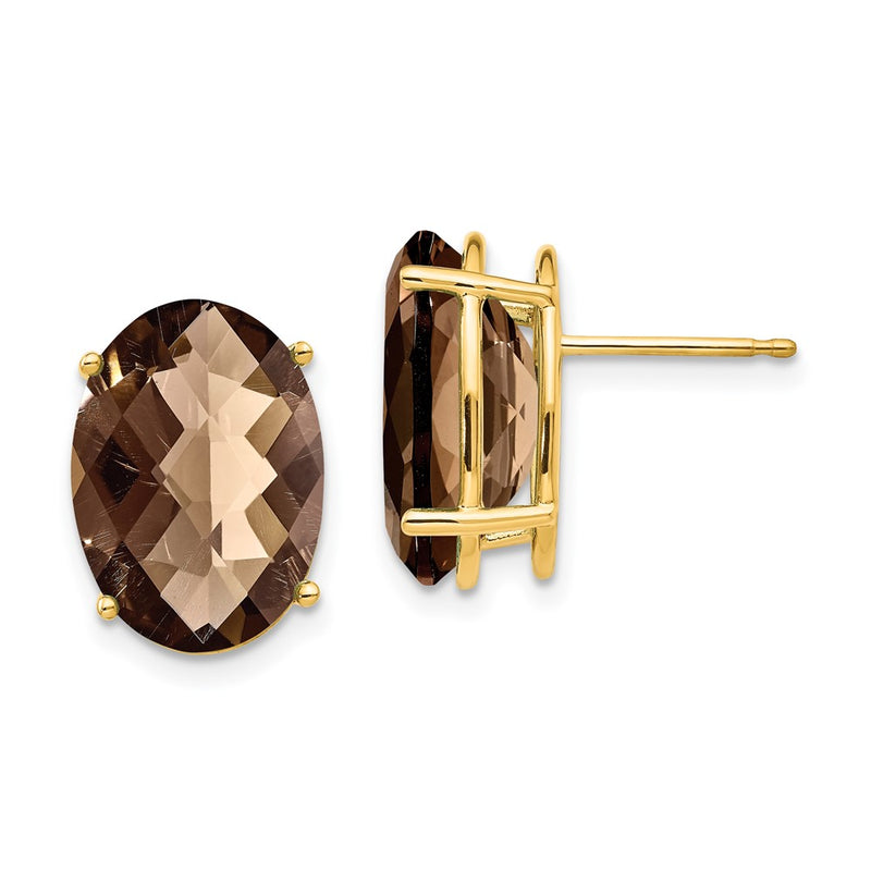 14k Yellow Gold 14x10 Oval Checker-Cut Smok Yellow Gold Quartz Earrings