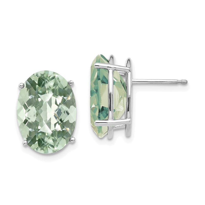 14k White Gold Oval 4-Prong 14 x 10mm Checker-Cut Green Quartz Earrings