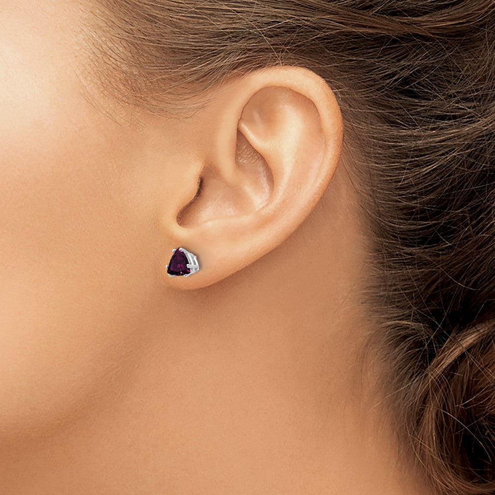 14k White Gold Rhodolite Garnet Trillion Stud Earrings