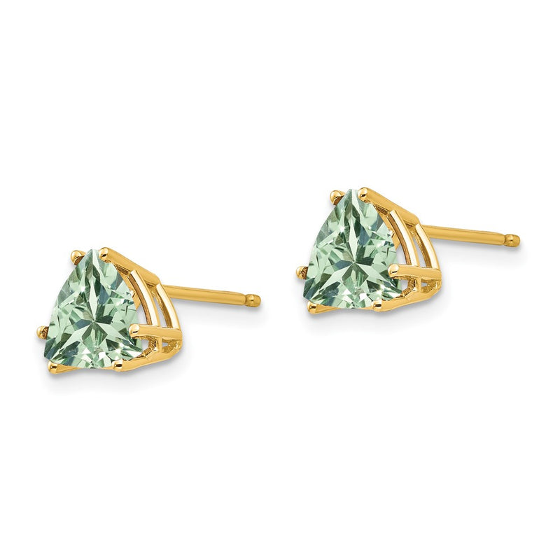 14k Yellow Gold 7mm Trillion Green Quartz Earrings