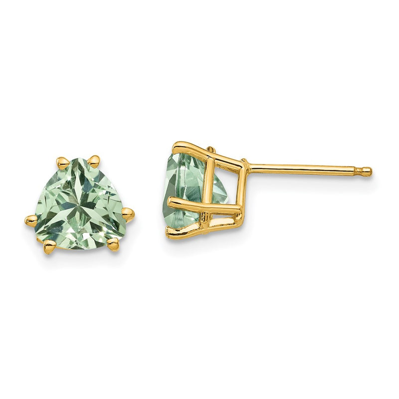 14k Yellow Gold 7mm Trillion Green Quartz Earrings