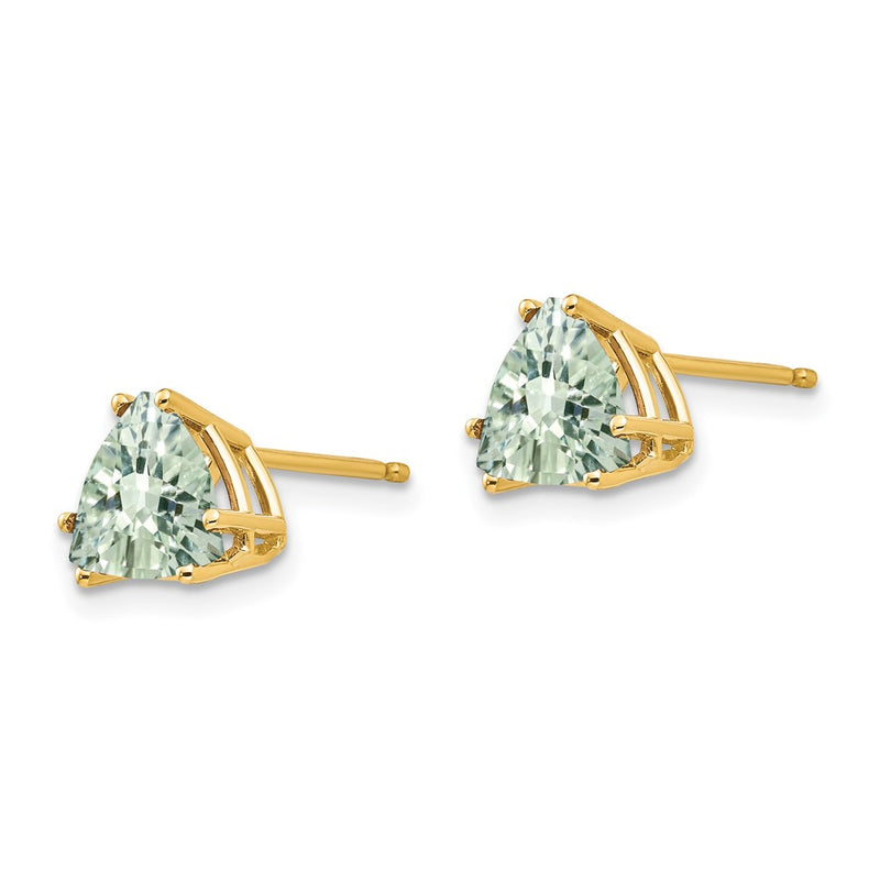 14k Yellow Gold 7mm Trillion Checker-Cut Green Quartz Earrings