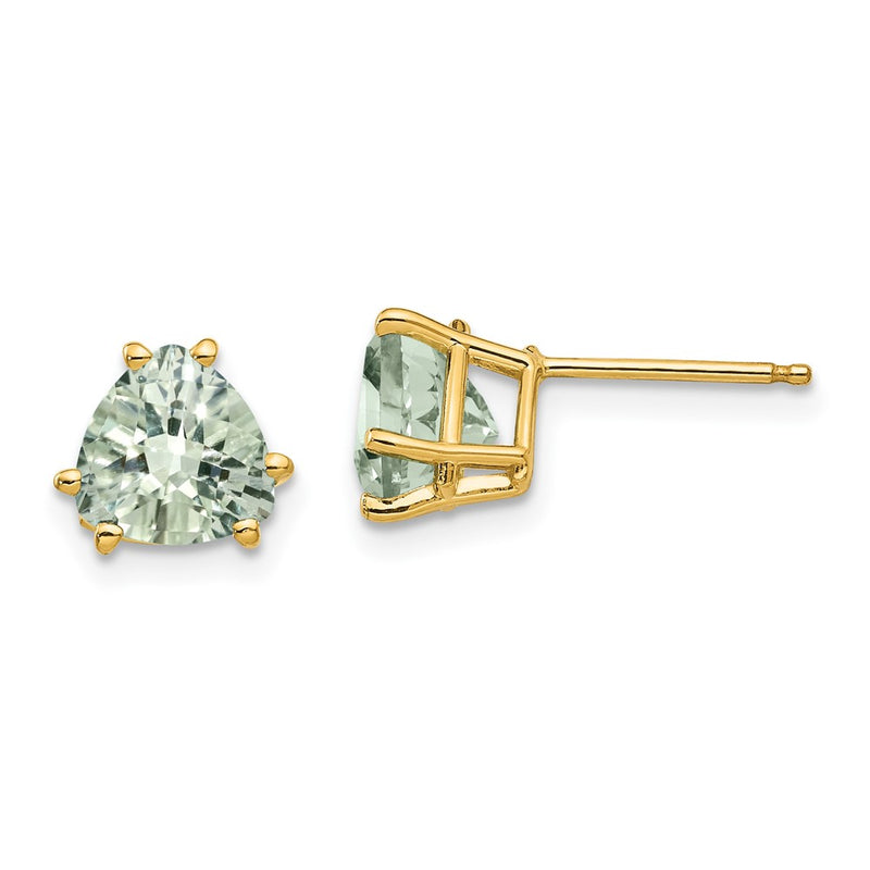 14k Yellow Gold 7mm Trillion Checker-Cut Green Quartz Earrings