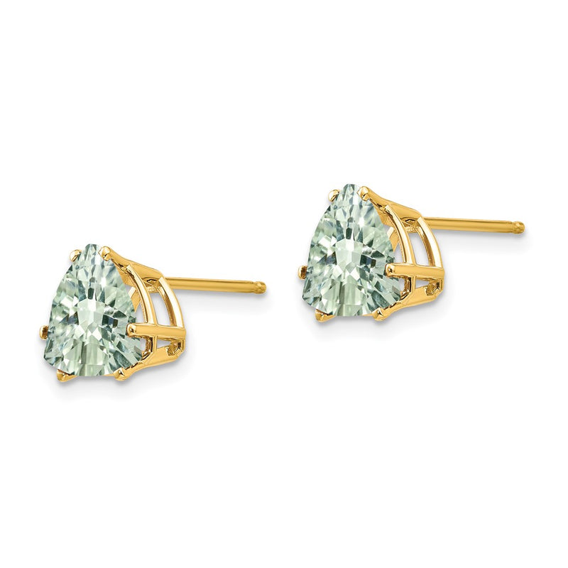 14k Yellow Gold 8mm Trillion Checker-Cut Green Quartz Earrings