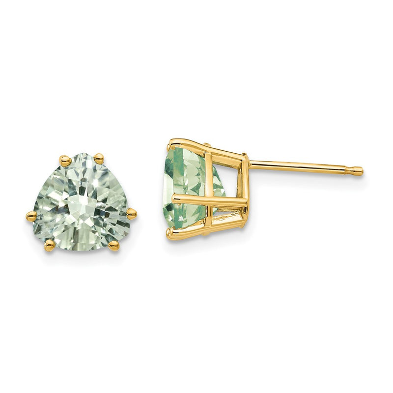14k Yellow Gold 8mm Trillion Checker-Cut Green Quartz Earrings
