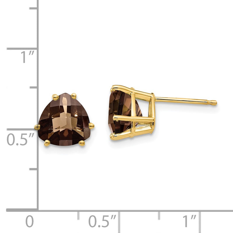 14k Yellow Gold 8mm Trillion Checker-Cut Smoky Quartz Earrings