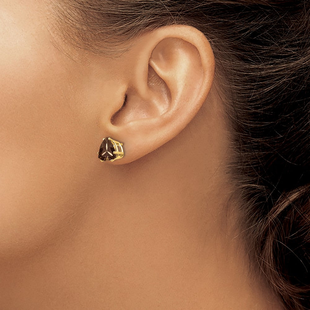 14k Yellow Gold 8mm Trillion Smoky Quartz Earrings