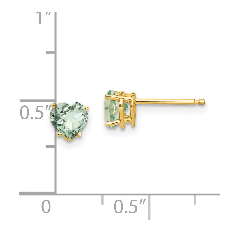 14k Yellow Gold 5mm Heart Checker-Cut Green Quartz Earrings