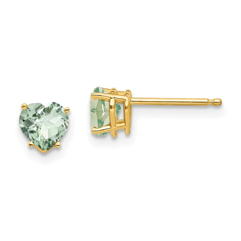 14k Yellow Gold 5mm Heart Checker-Cut Green Quartz Earrings