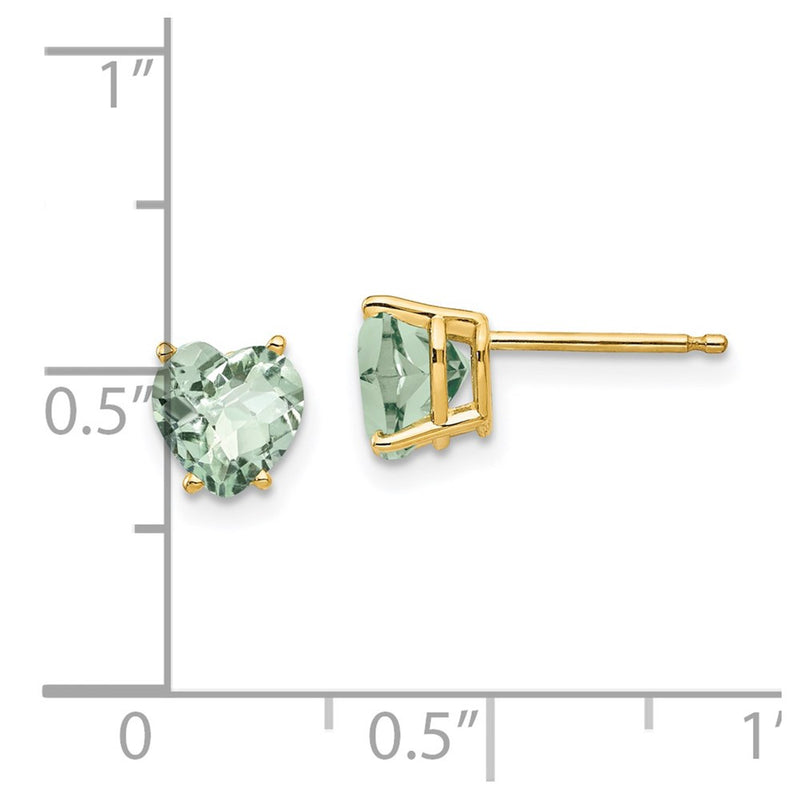 14k Yellow Gold 6mm Heart Checker-Cut Green Quartz Earrings