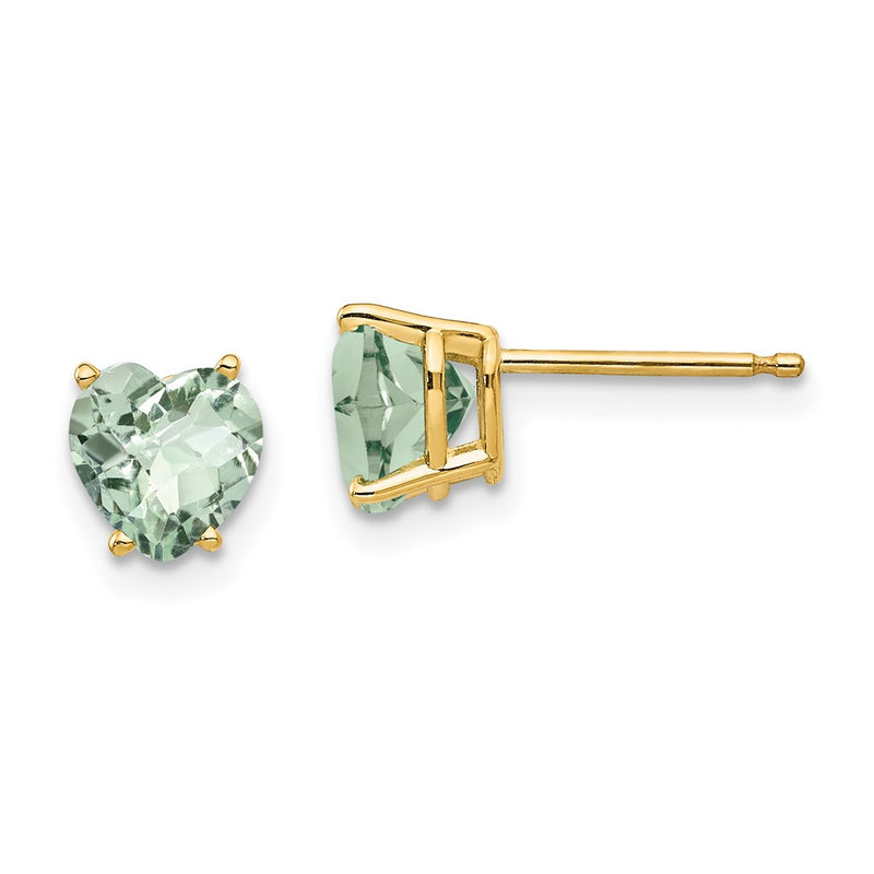 14k Yellow Gold 6mm Heart Checker-Cut Green Quartz Earrings