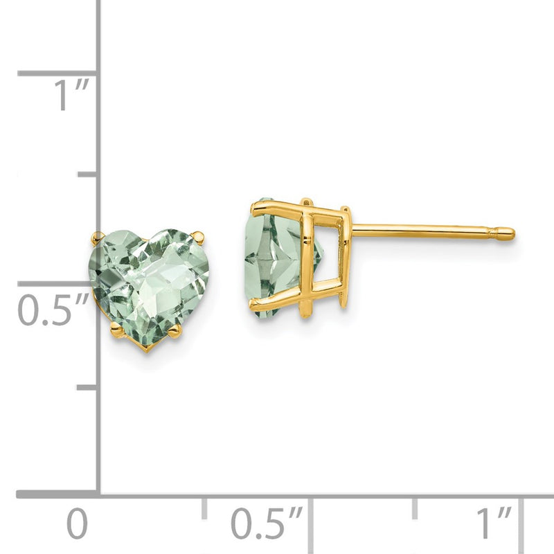 14k Yellow Gold 7mm Heart Checker-Cut Green Quartz Earrings