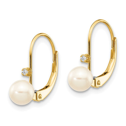 14K 5 6mm Round FW Cultured Pearl .02 ct. Diamond Leverback Earrings