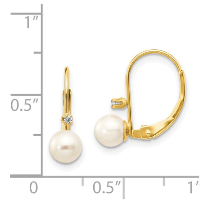 14K 5 6mm Round FW Cultured Pearl .02 ct. Diamond Leverback Earrings